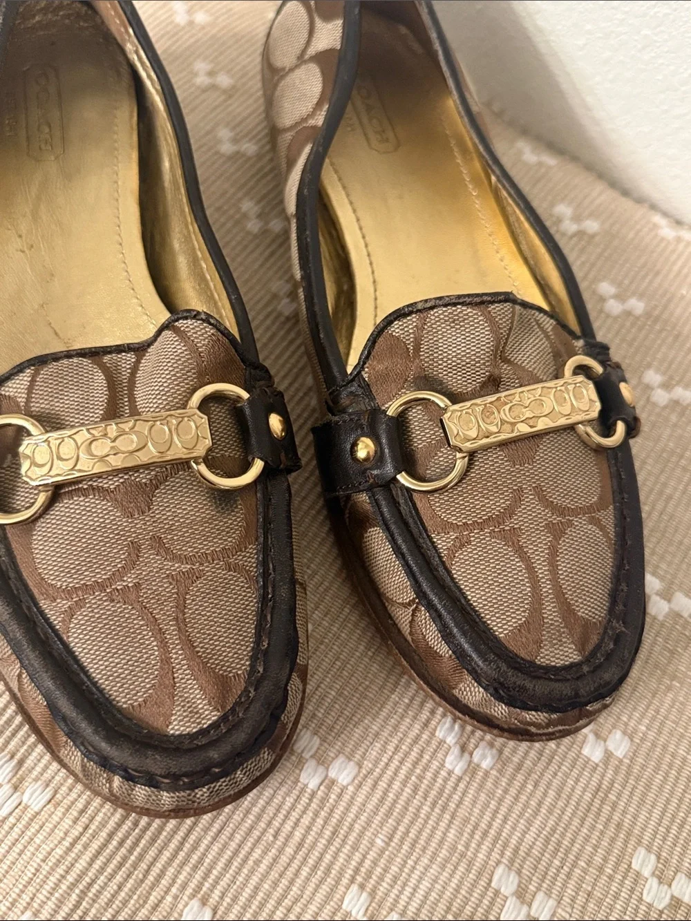 Coach Signature Jacquard Horsebit Loafers Brown Tan Leather Flats Size 7